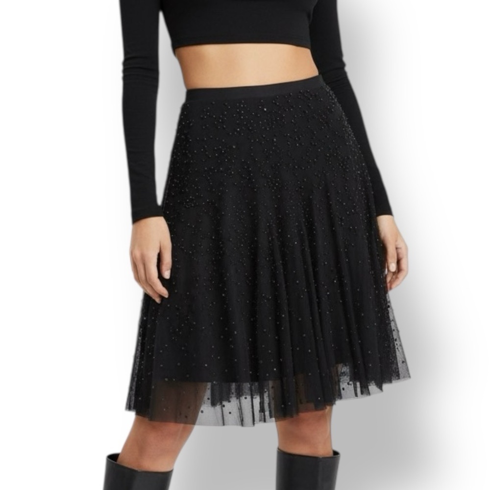 Le Château Black Tulle Beaded Midi Skirt Size S